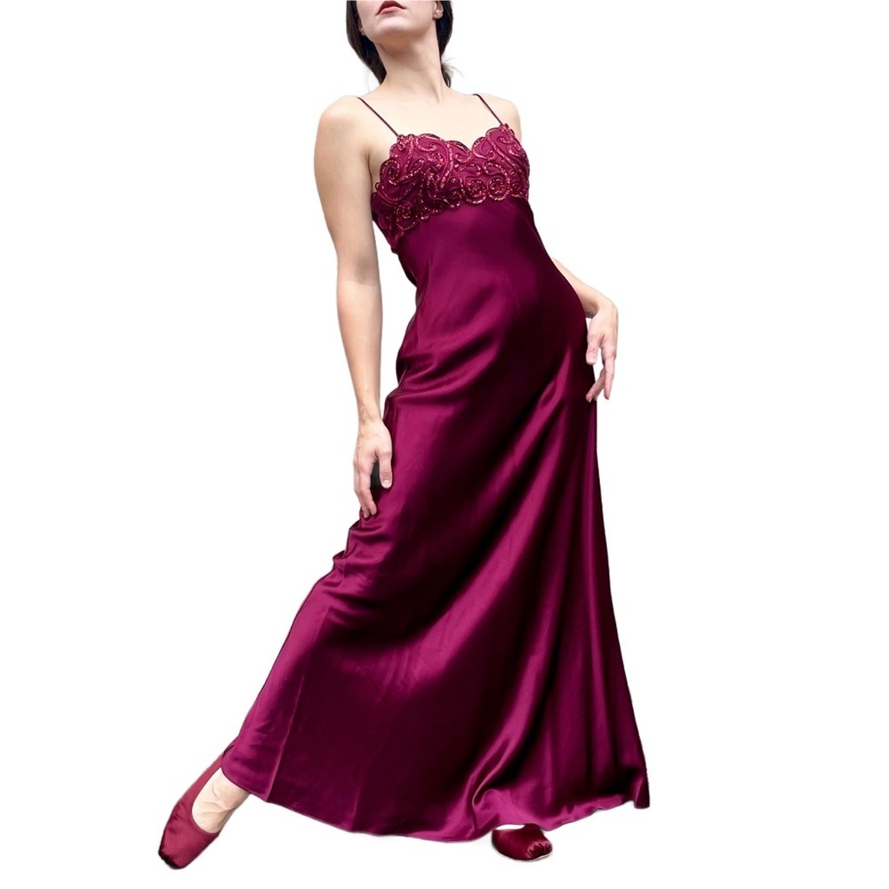 90s Vintage Burgundy Sequin Embellished Satin Slip Maxi Dress Formal Gown 4/6